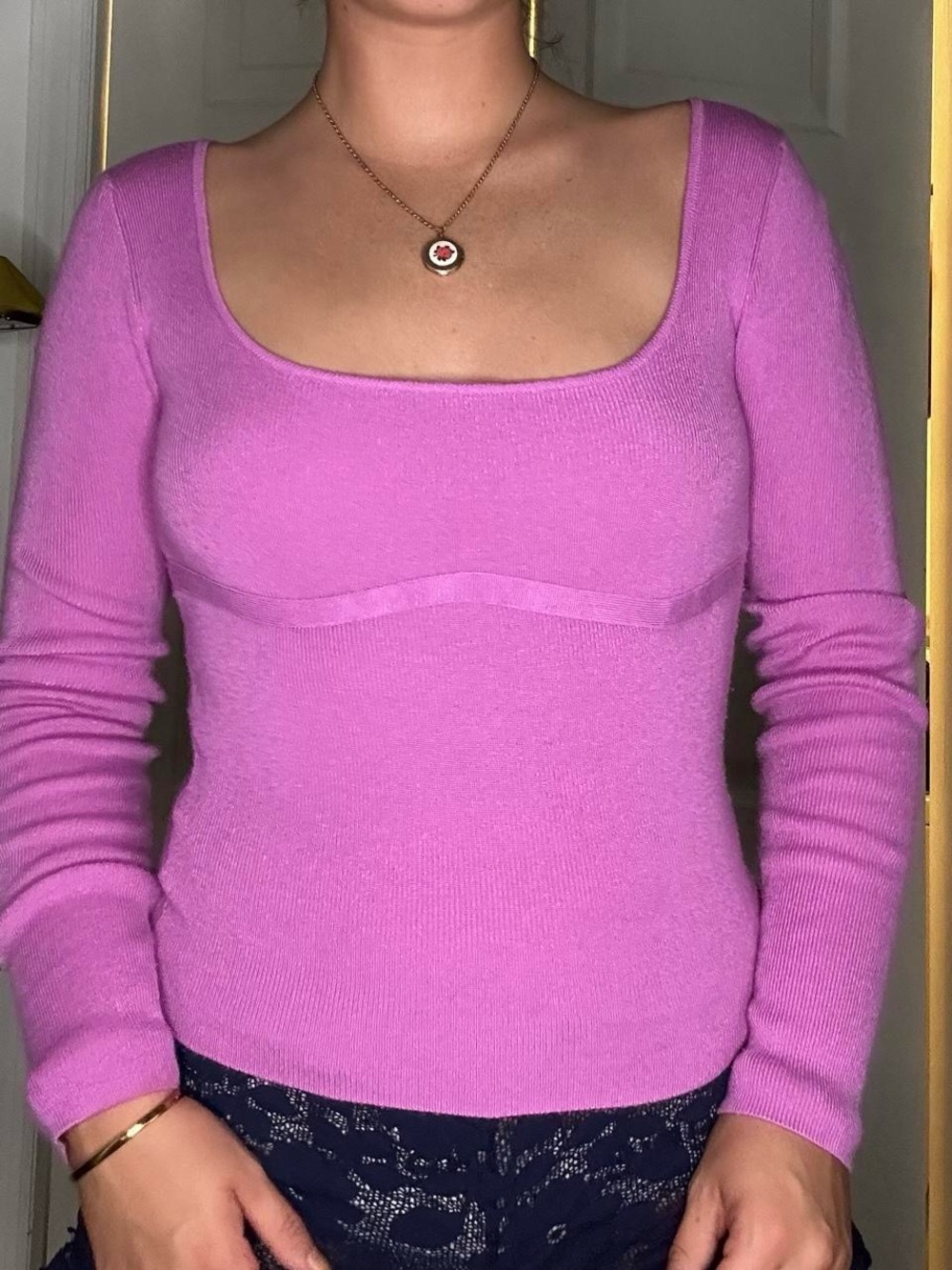 Pink Rose Fitted Square-Neck Long Sleeve Top in Bright Pink